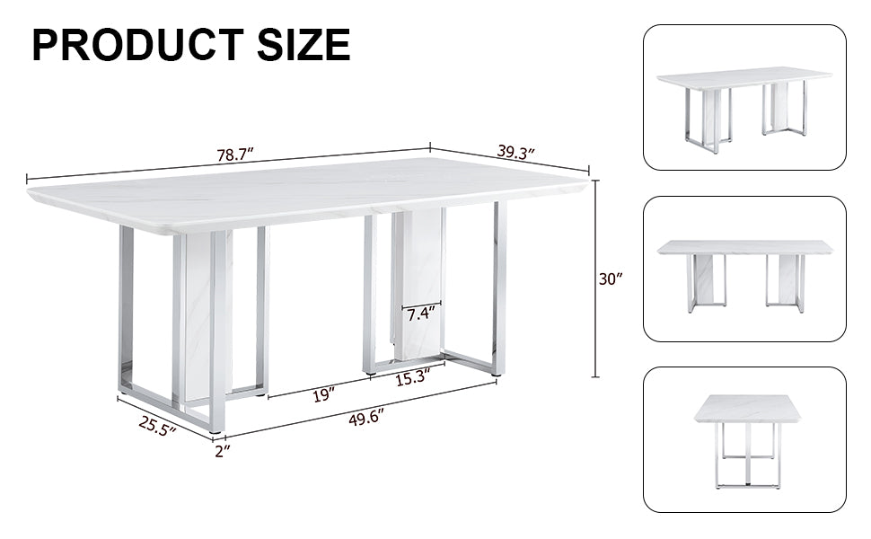 A Modern, Minimalist And Luxurious White Rectangular With A Patterned Dining Table. Mdf Table And Stainless Steel Frame. Game Table. Used For Restaurants And Living Rooms 78.7"*39.3"*30" White Mdf