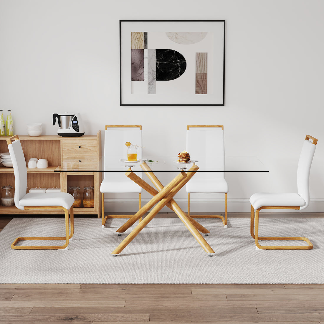 A Table With Four Chairs. Glass Dining Table With 0.39 "Tempered Glass Tabletop And Wooden Metal Legs. Pu Leather High Backrest Cushioned Side Chair With C Shaped Chrome Metal Legs. Transparent Glass