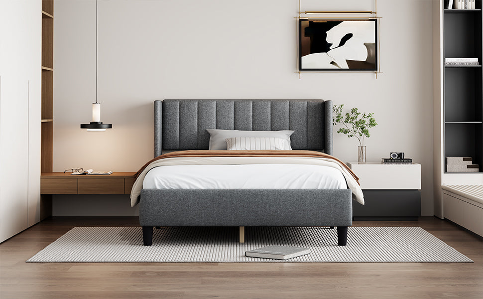 Queen Size Upholstered Platform Bed Frame With Headboard, Mattress Foundation, Wood Slat Support, Quiet, No Box Spring Needed, Easy To Assemble Light Grey Light Gray Wood