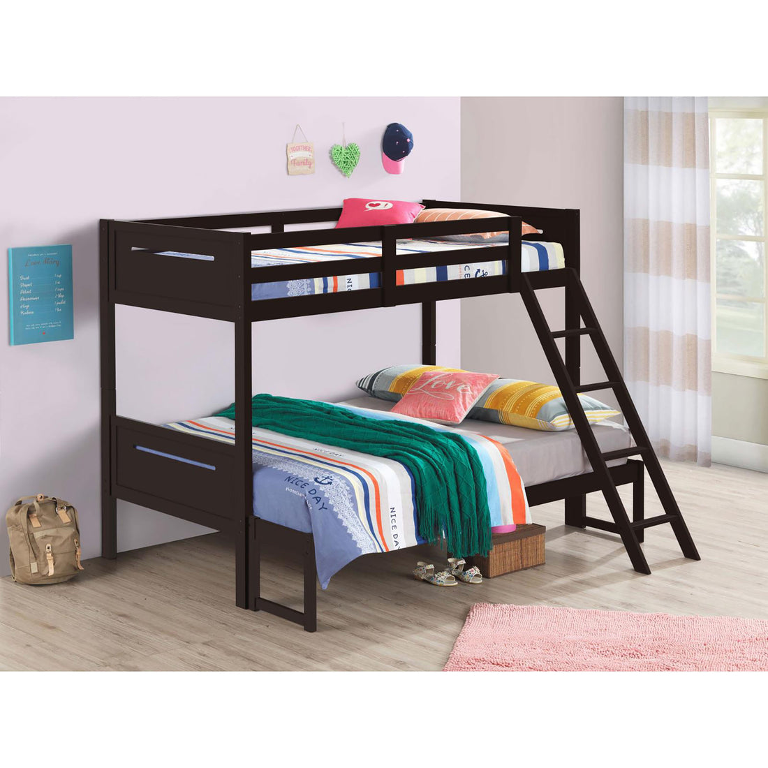 Espresso Twin Full Bunk Bed With Built In Ladder Twin Brown Wood Espresso Bedroom Transitional Rubberwood Bunk Wood