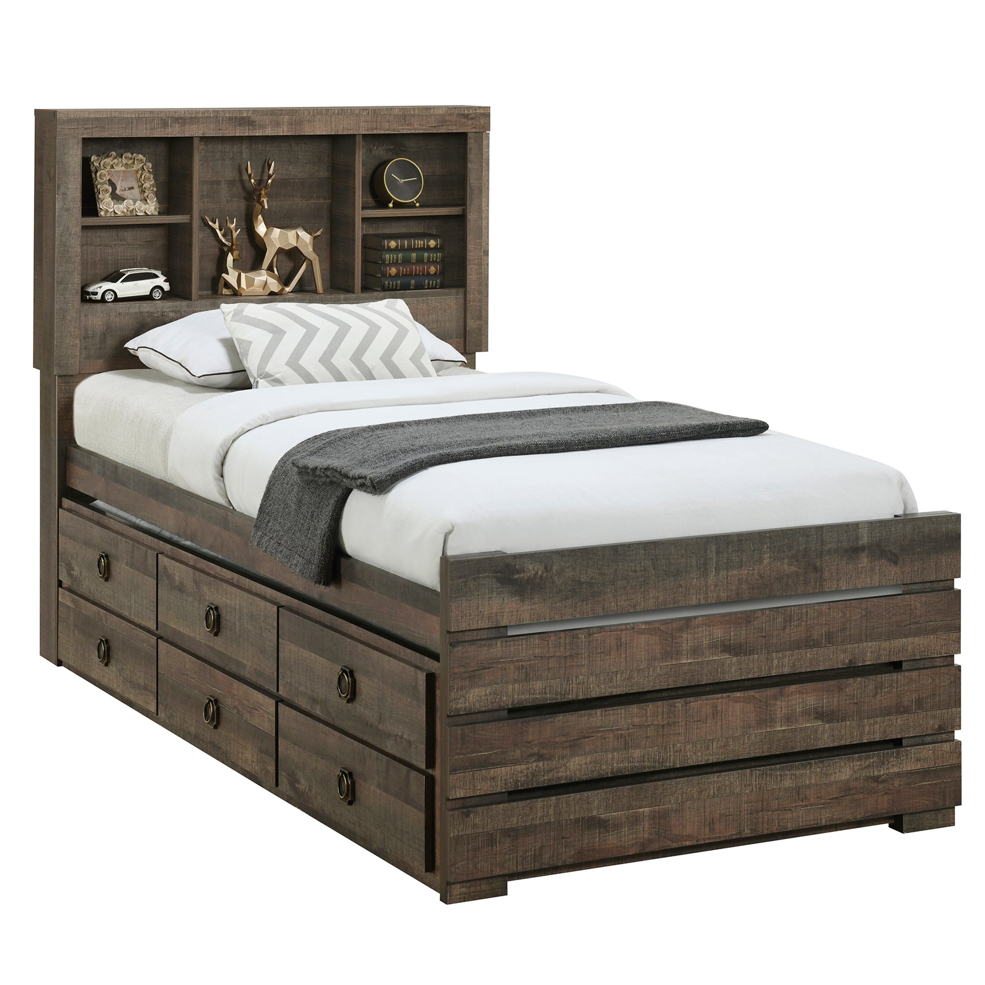 Farmhouse Style Full Size Bookcase Captain Bed With Three Drawers And Trundle, Rustic Brown Box Spring Not Required Full Rustic Brown Wood Bedroom Traditional Plywood