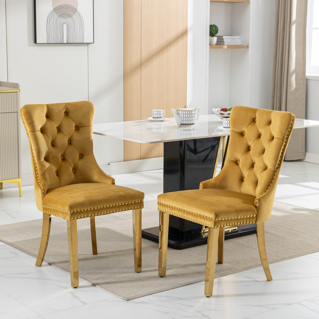 Nikki Collection Modern, High End Tufted Solid Wood Contemporary Velvet Upholstered Dining Chair With Golden Stainless Steel Plating Legs,Nailhead Trim,Set Of 2,Gold, Sw1601Gl Gold Dining Room American Design Dining Chairs Rubberwood Foam Velvet