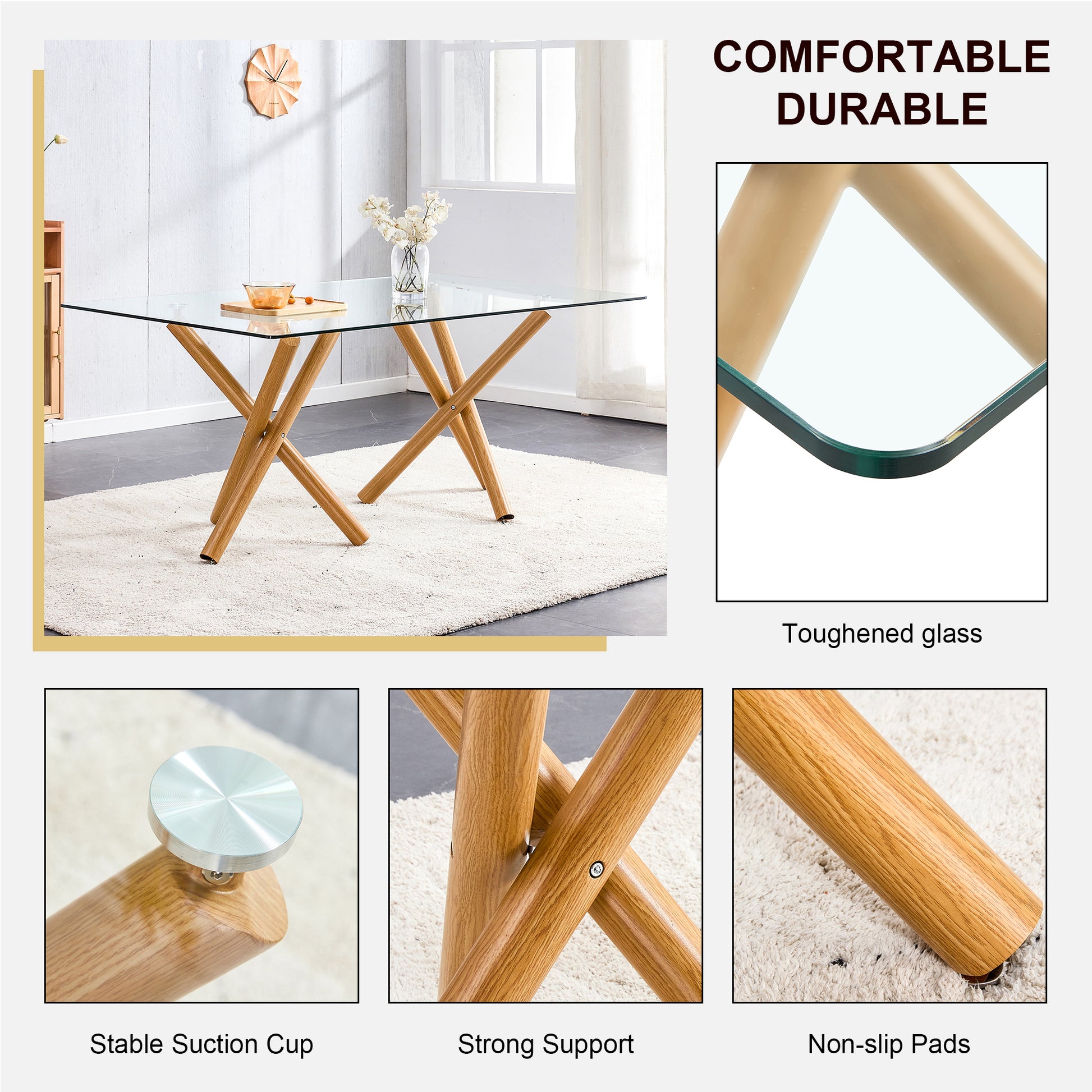 1 Table And 4 Chairs. Glass Dining Table With 0.39 "Tempered Glass Tabletop And Wooden Metal Legs.Grey Puleather High Backrest Soft Padded Side Chair With Wooden Color C Shaped Tube Chrome Metal Leg Transparent Glass