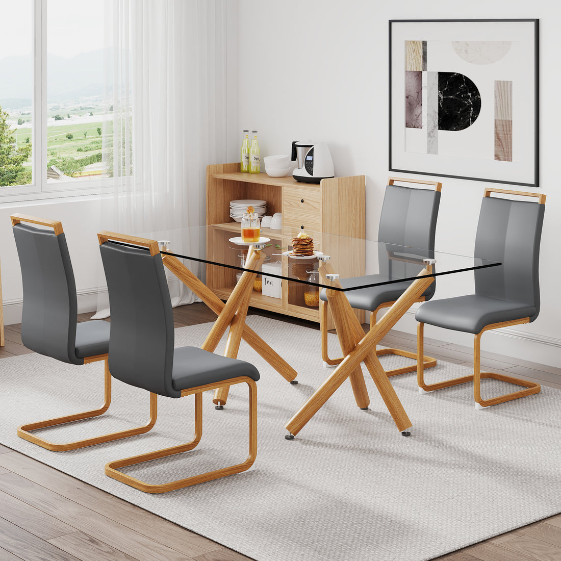 1 Table And 4 Chairs. Glass Dining Table With 0.39 "Tempered Glass Tabletop And Wooden Metal Legs.Grey Puleather High Backrest Soft Padded Side Chair With Wooden Color C Shaped Tube Chrome Metal Leg Transparent Glass