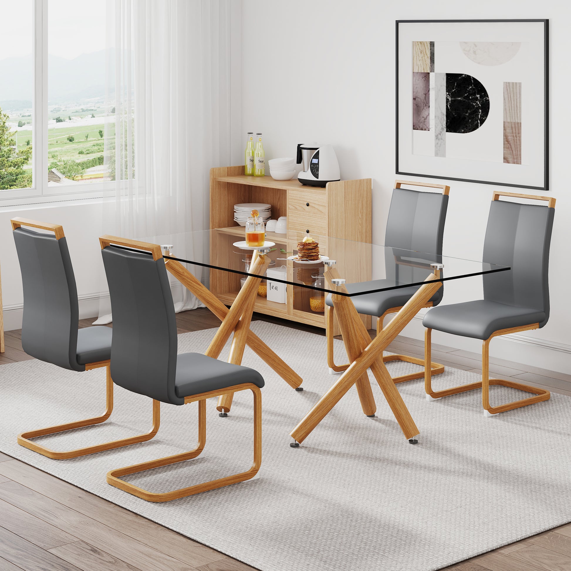 1 Table And 4 Chairs. Glass Dining Table With 0.39 "Tempered Glass Tabletop And Wooden Metal Legs.Grey Puleather High Backrest Soft Padded Side Chair With Wooden Color C Shaped Tube Chrome Metal Leg Transparent Glass