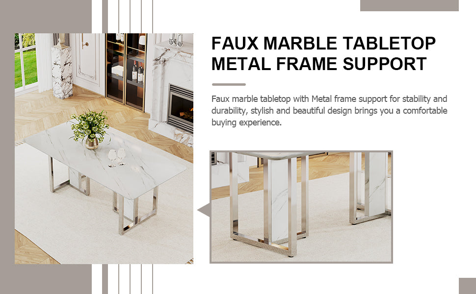 A Modern, Minimalist And Luxurious White Rectangular With A Patterned Dining Table. Mdf Table And Stainless Steel Frame. Game Table. Used For Restaurants And Living Rooms 78.7"*39.3"*30" White Mdf