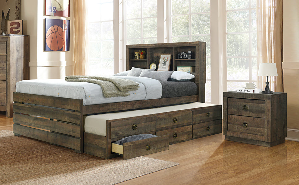 Farmhouse Style Full Size Bookcase Captain Bed With Three Drawers And Trundle, Rustic Brown Box Spring Not Required Full Rustic Brown Wood Bedroom Traditional Plywood