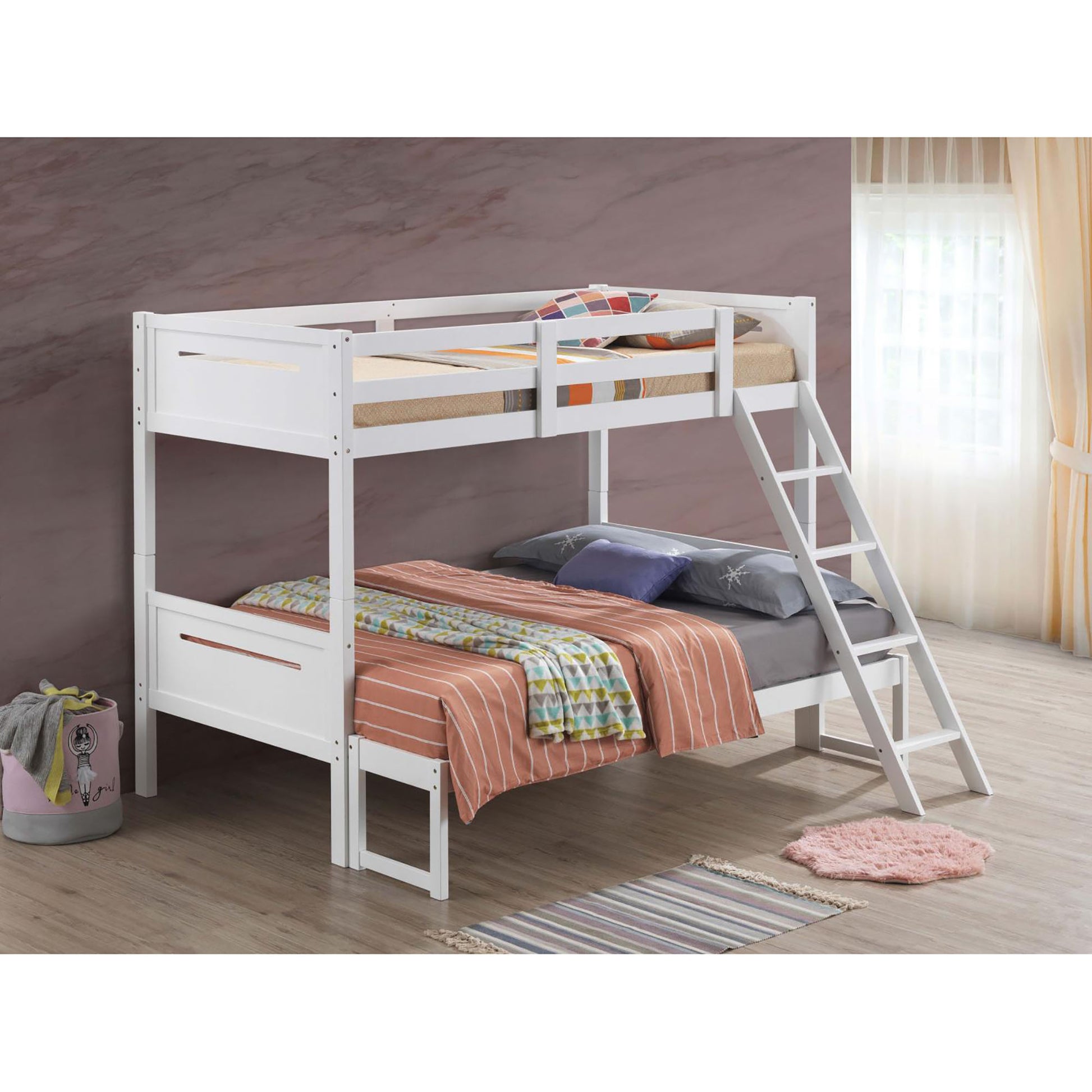 White Twin Full Bunk Bed With Built In Ladder Twin White Wood White Bedroom Transitional Rubberwood Bunk Wood