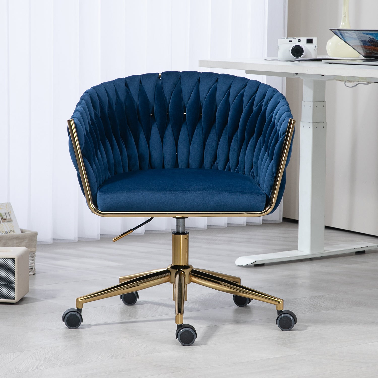 Modern Design The Backrest Is Hand Made Woven Office Chair,Vanity Chairs With Wheels,Height Adjustable,360 Swivel For Bedroom, Living Room Blue Blue Bedroom Foam Modern Office Chairs Foam Velvet