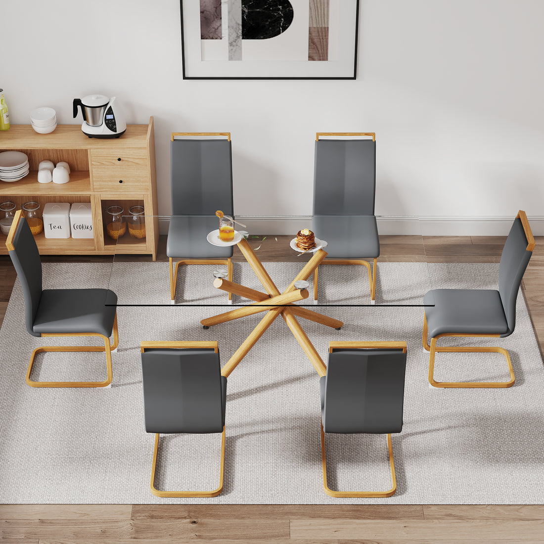 1 Table With 6 Chairs. Glass Dining Table With 0.39 "Tempered Glass Tabletop And Wooden Metal Legs. Pu Leather High Backrest Cushioned Side Chair With C Shaped Chrome Metal Legs. Transparent Glass