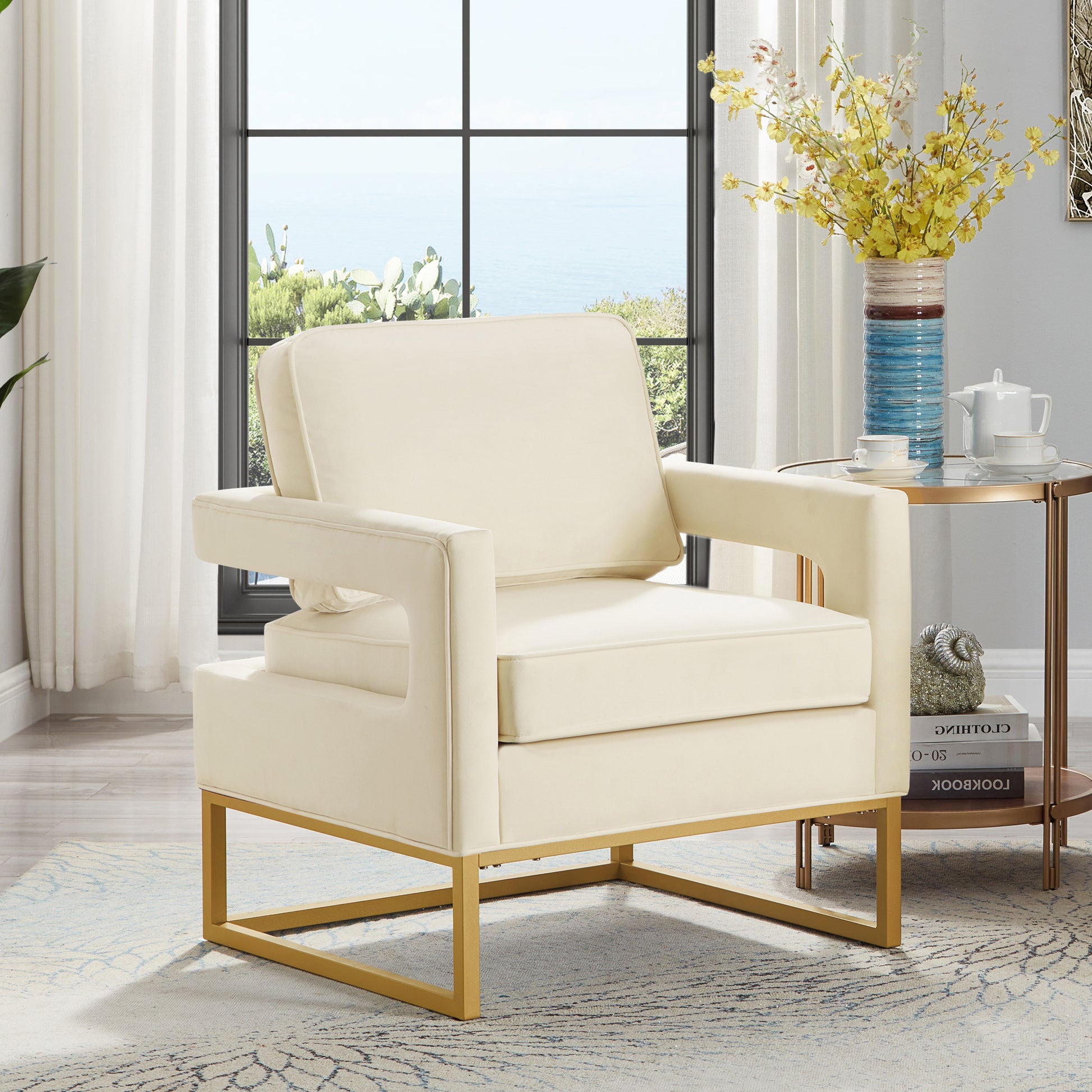 Modern Style Accent Chair With Gold Metal Basevelvet Upholstered Leisure Chair With Open Armrest, Armchair, Cream Cream Primary Living Space Modern Foam Velvet