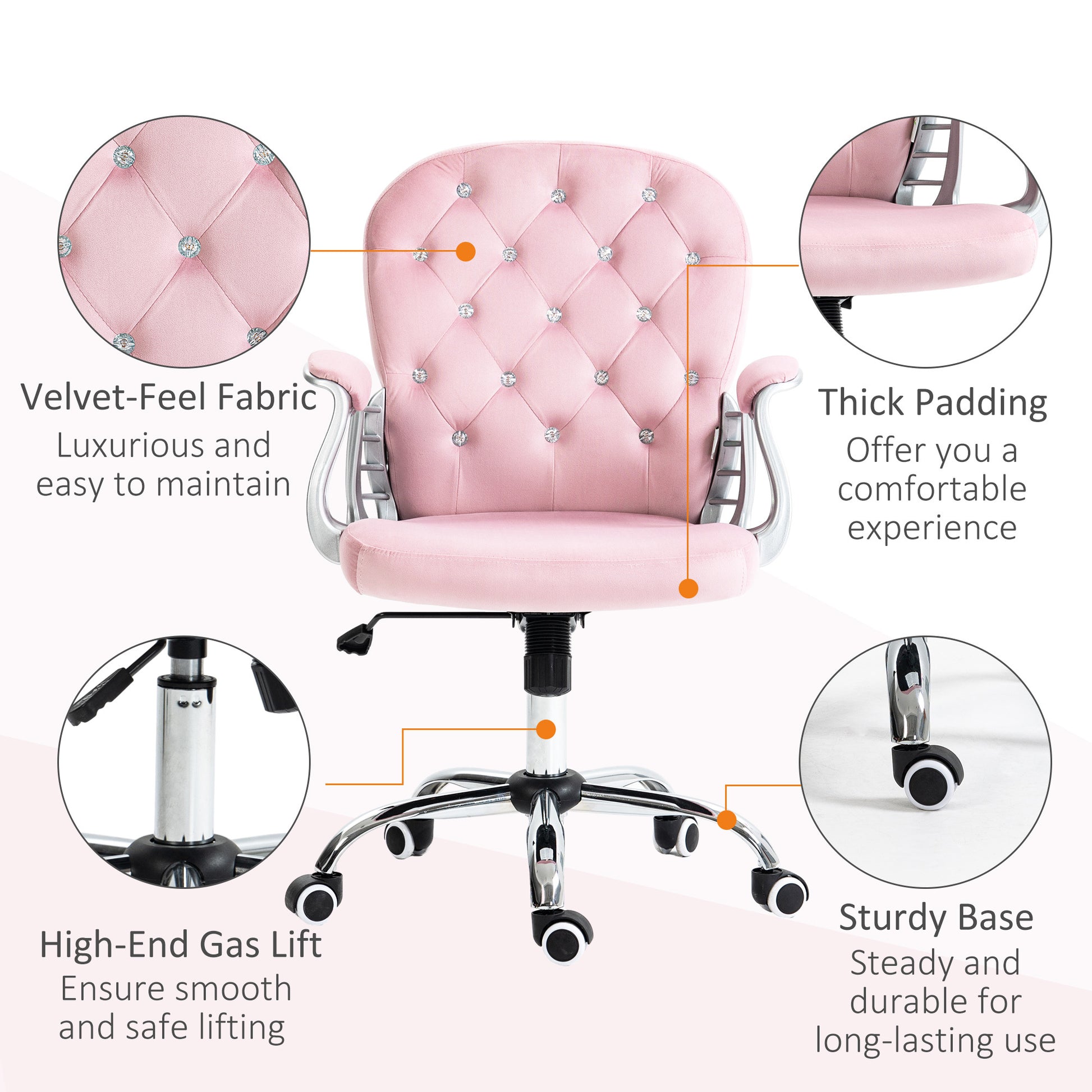 Vinsetto Velvet Home Office Chair, Button Tufted Desk Chair With Padded Armrests, Adjustable Height And Swivel Wheels, Pink Pink Polyester