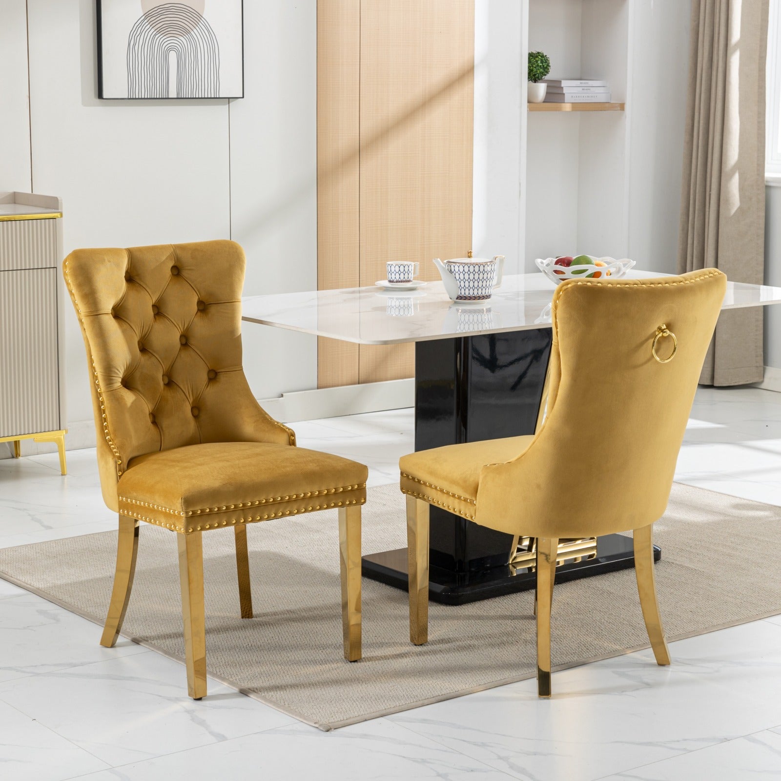 Nikki Collection Modern, High End Tufted Solid Wood Contemporary Velvet Upholstered Dining Chair With Golden Stainless Steel Plating Legs,Nailhead Trim,Set Of 2,Gold, Sw1601Gl Gold Dining Room American Design Dining Chairs Rubberwood Foam Velvet