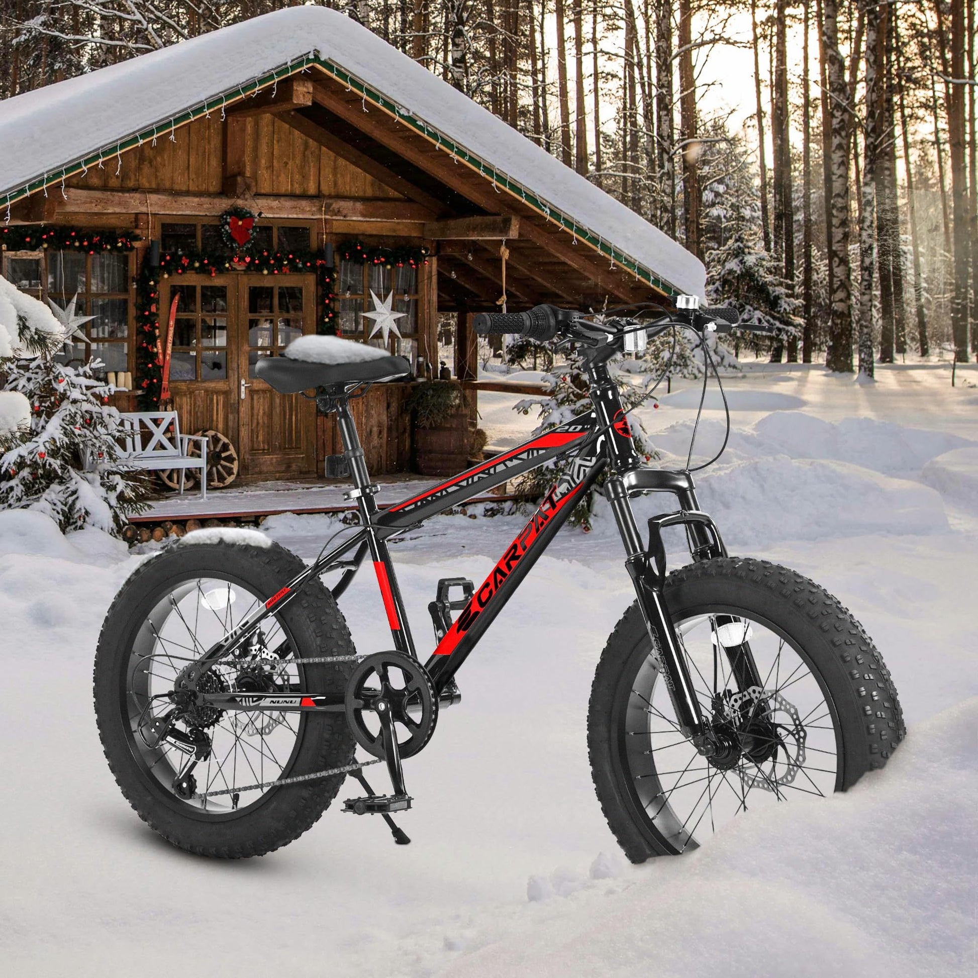 Ecarpat Kids Bike 20 Inch Wheels, 4" Wide Fat Tire Snow Mountain Bike Ages 8 12 Year Old, Steel Frame, 7 Speed Teenager Children Kids' Bicycles Cycling Black Red Without Durable Garden & Outdoor Classic Multifunctional Polyurethane Foam Steel