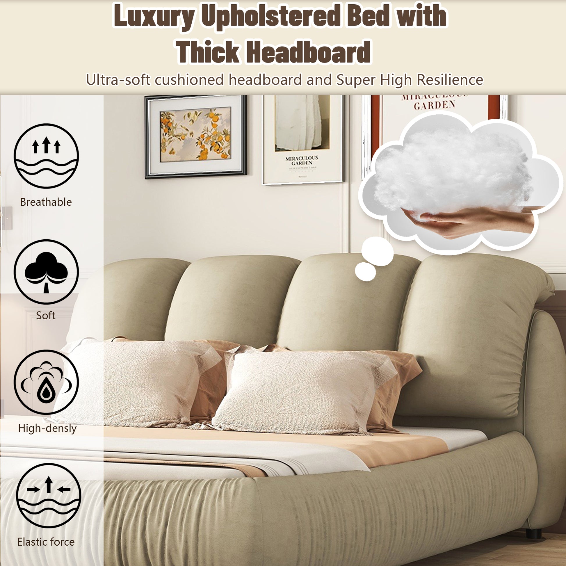 King Size Luxury Upholstered Bed With Thick Headboard, Velvet King Bed With Oversized Padded Backrest, Cinerous Expect Arrive Date 2024 3 9 King Stone Gray Velvet