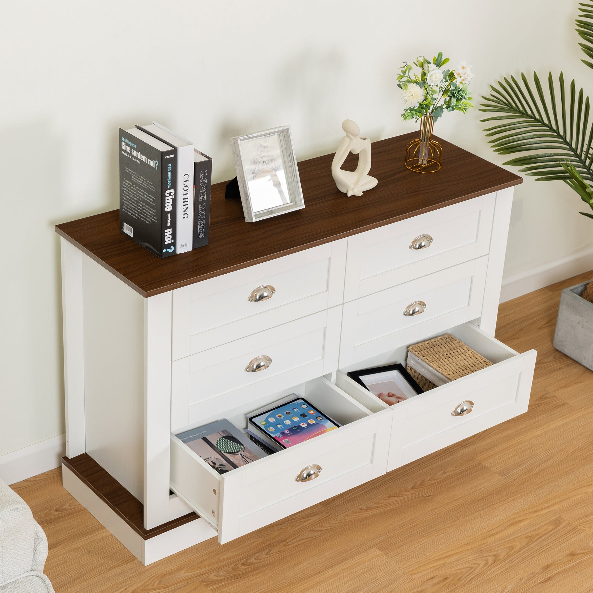 Drawer Dresser Cabinet,Sideboard,Bar Cabinet,Buffet Server Console,Table Storge Cabinets,Metal Handle In The Shape Of Silver Shell,Fordiningroom,Living Room,Bedroom,Kitchen Hallway,Color: White Brown 5 Or More Drawers Distressed Finish Brown Antique