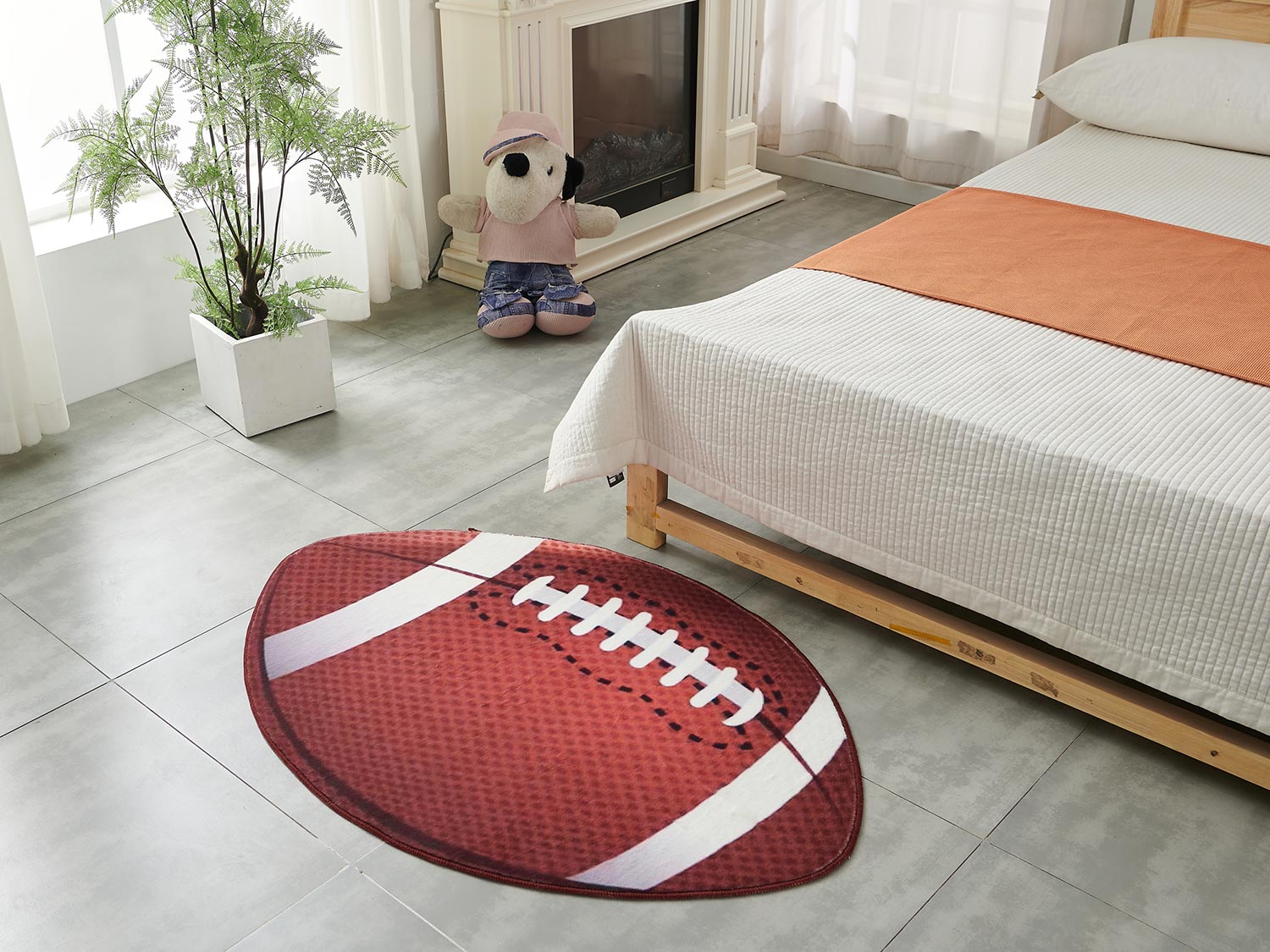 Football Shape Machine Washable Extra Soft Printed Decorative Area Rug Brown Polyester