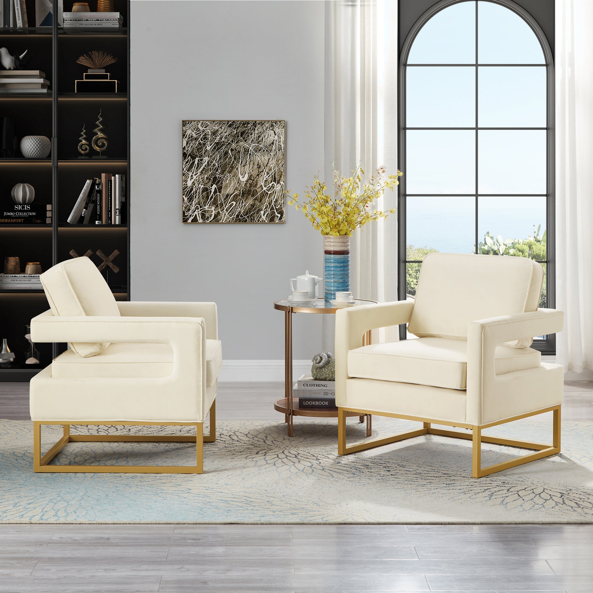 Modern Style Accent Chair With Gold Metal Basevelvet Upholstered Leisure Chair With Open Armrest, Armchair, Cream Cream Primary Living Space Modern Foam Velvet