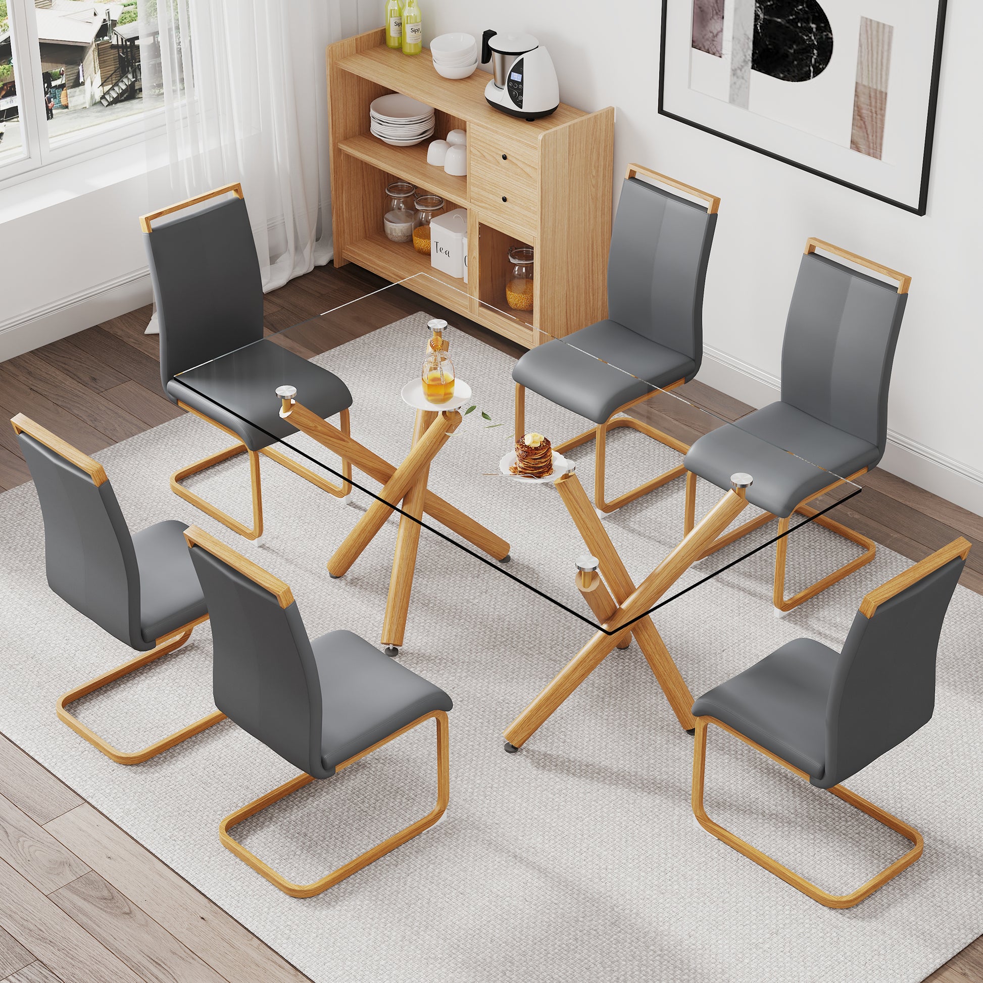 1 Table And 6 Chairs. Glass Dining Table With 0.39 "Tempered Glass Tabletop And Wooden Metal Legs. Grey Pu Leather High Backrest Soft Padded Side Chair With Wooden Color C Shaped Tube Chrome Metal Leg Transparent Glass