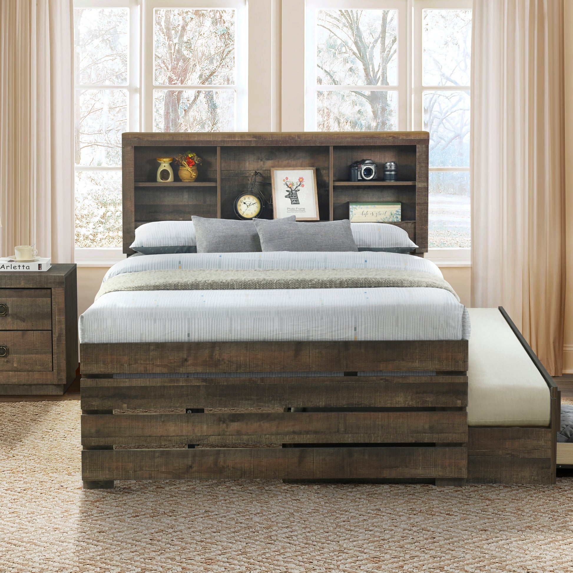 Farmhouse Style Full Size Bookcase Captain Bed With Three Drawers And Trundle, Rustic Brown Box Spring Not Required Full Rustic Brown Wood Bedroom Traditional Plywood