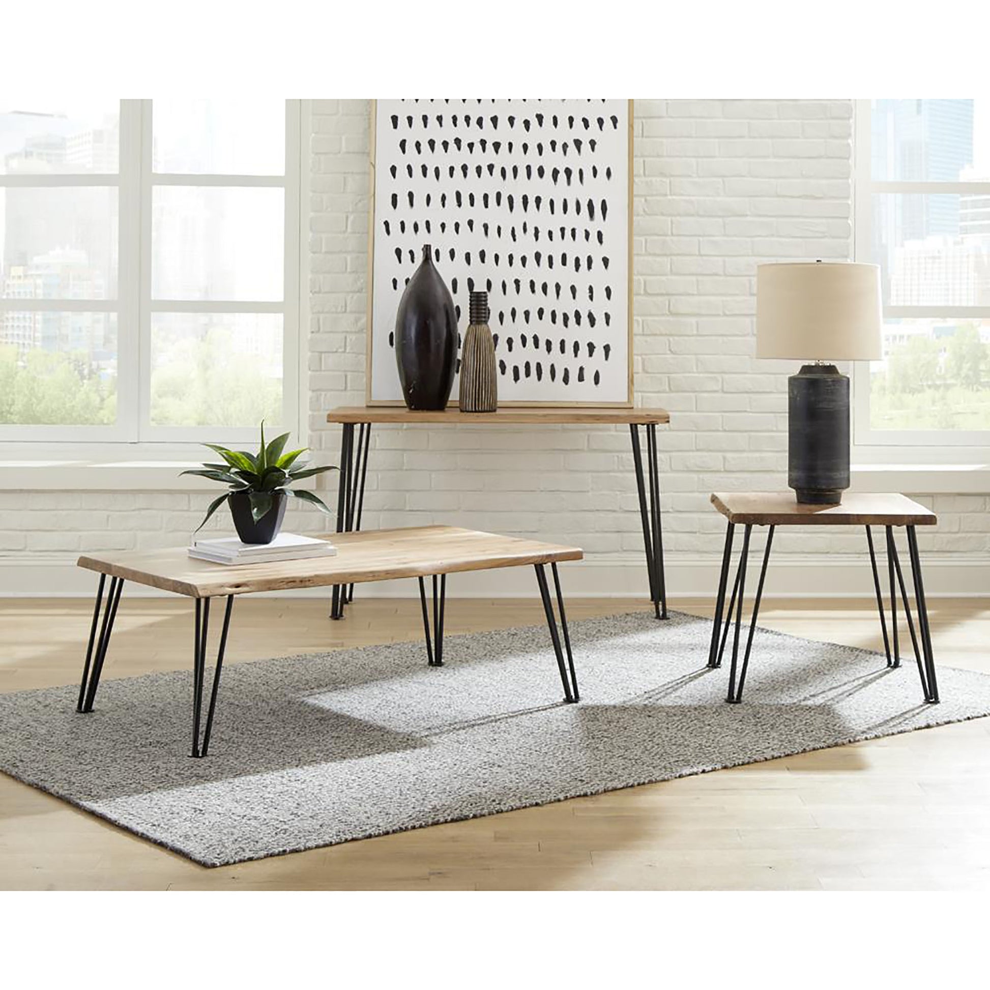 Natural And Matte Black End Table With Hairpin Leg Brown Primary Living Space Farmhouse,Rustic Tabeltop Acacia Square Coffee & End Tables Powder Coated Wood Hairpin