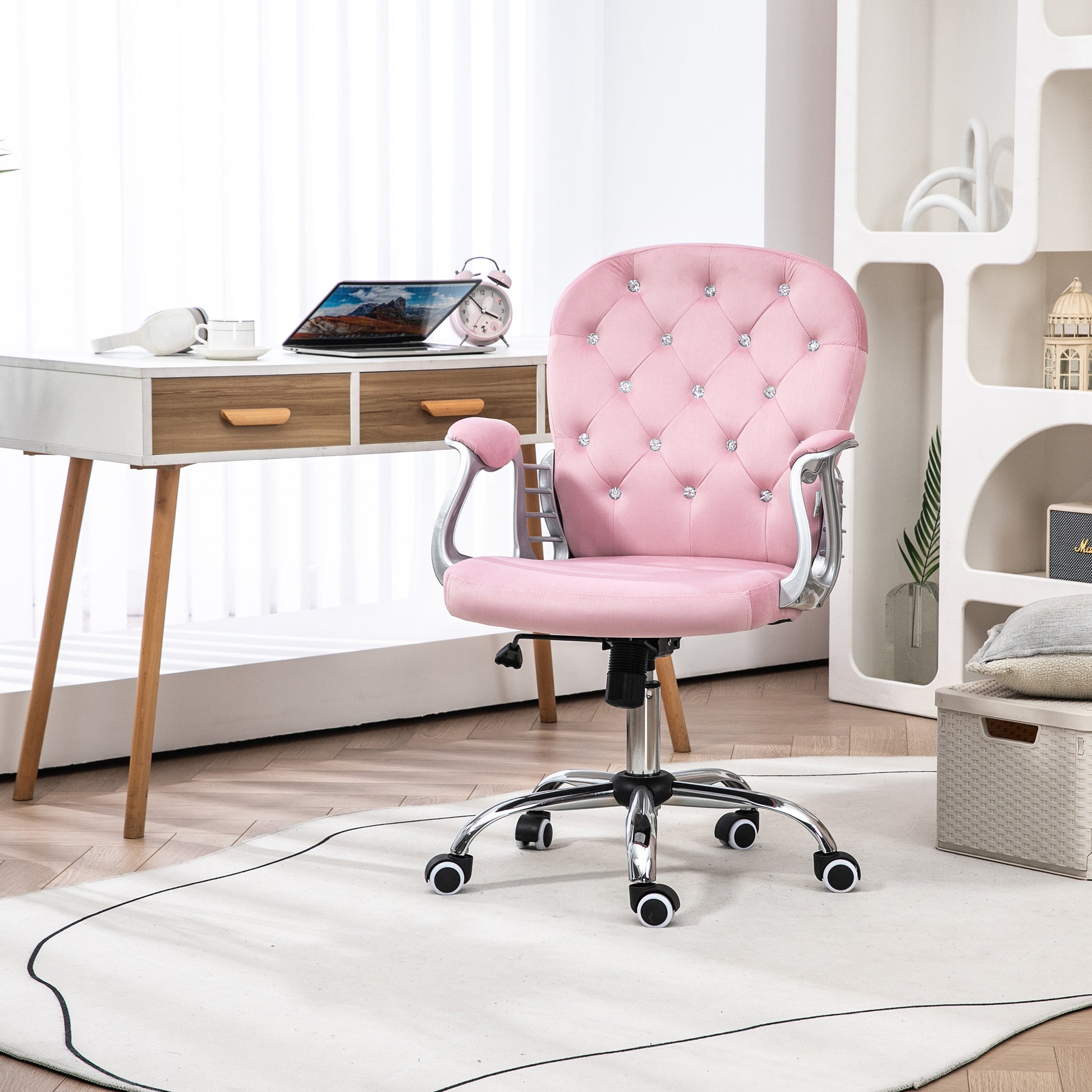 Vinsetto Velvet Home Office Chair, Button Tufted Desk Chair With Padded Armrests, Adjustable Height And Swivel Wheels, Pink Pink Polyester