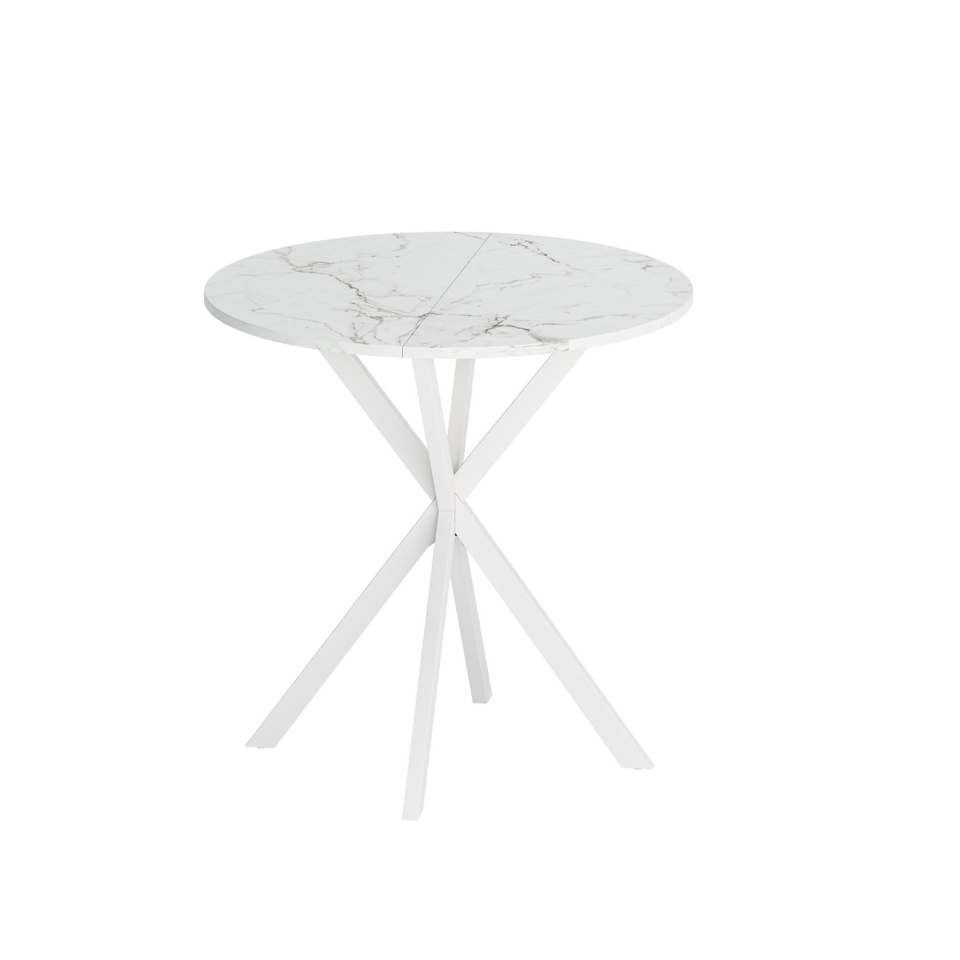 31.5'' Modern Cross Leg Round Dining Table, White Marble Top Occasional Table, Two Piece Removable Top, Matte Finish Iron Legs White Mdf Metal