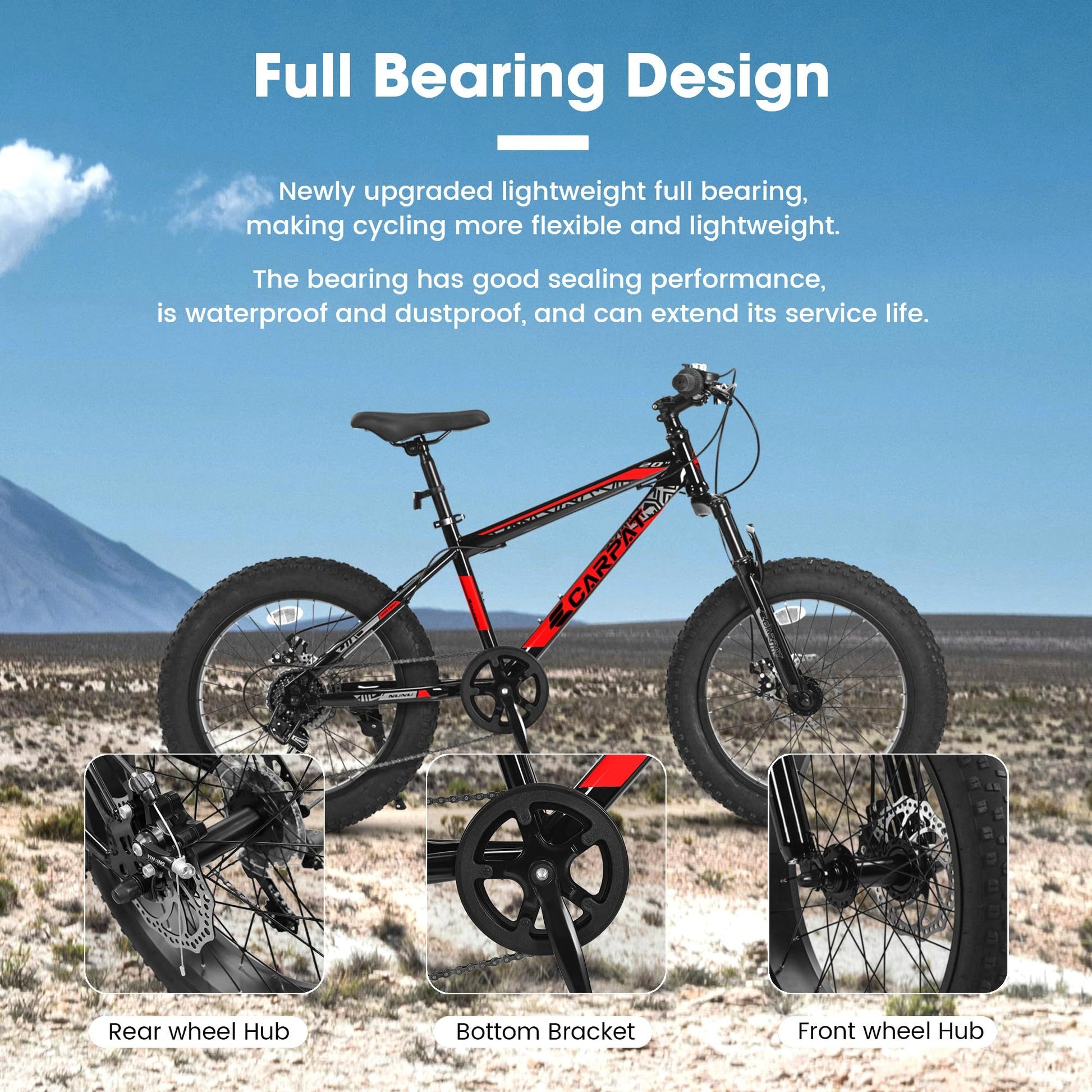 Ecarpat Kids Bike 20 Inch Wheels, 4" Wide Fat Tire Snow Mountain Bike Ages 8 12 Year Old, Steel Frame, 7 Speed Teenager Children Kids' Bicycles Cycling Black Red Without Durable Garden & Outdoor Classic Multifunctional Polyurethane Foam Steel