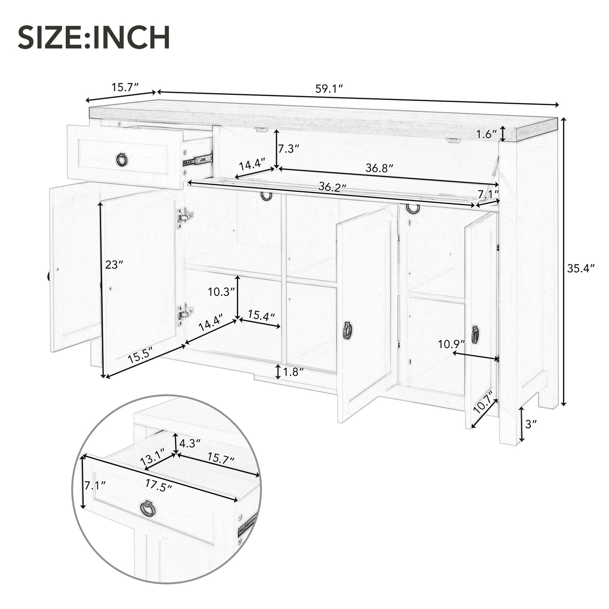 Retro Style Large Storage Space Sideboard With Flip Door And 1 Drawer, 4 Height Adjustable Cabinets, Suitable For Kitchen, Dining Room, Living Room Brown Antique White Brown Antique White Particle Board