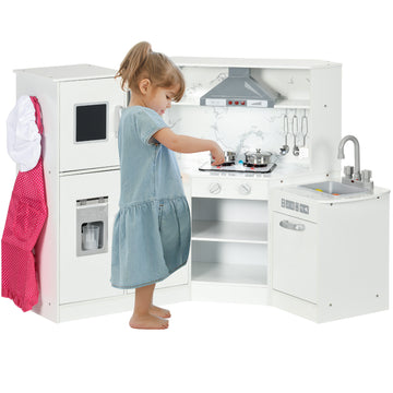 Qaba Wooden Play Kitchen Set For Toddler, Kids Pretend Play Toy Kitchen With Lights Sounds, Apron And Chef Hat, Ice Maker, Detachable Wash Basin, Utensils, Range Hood, Ages 3 6 Years Old, White White Polypropylene