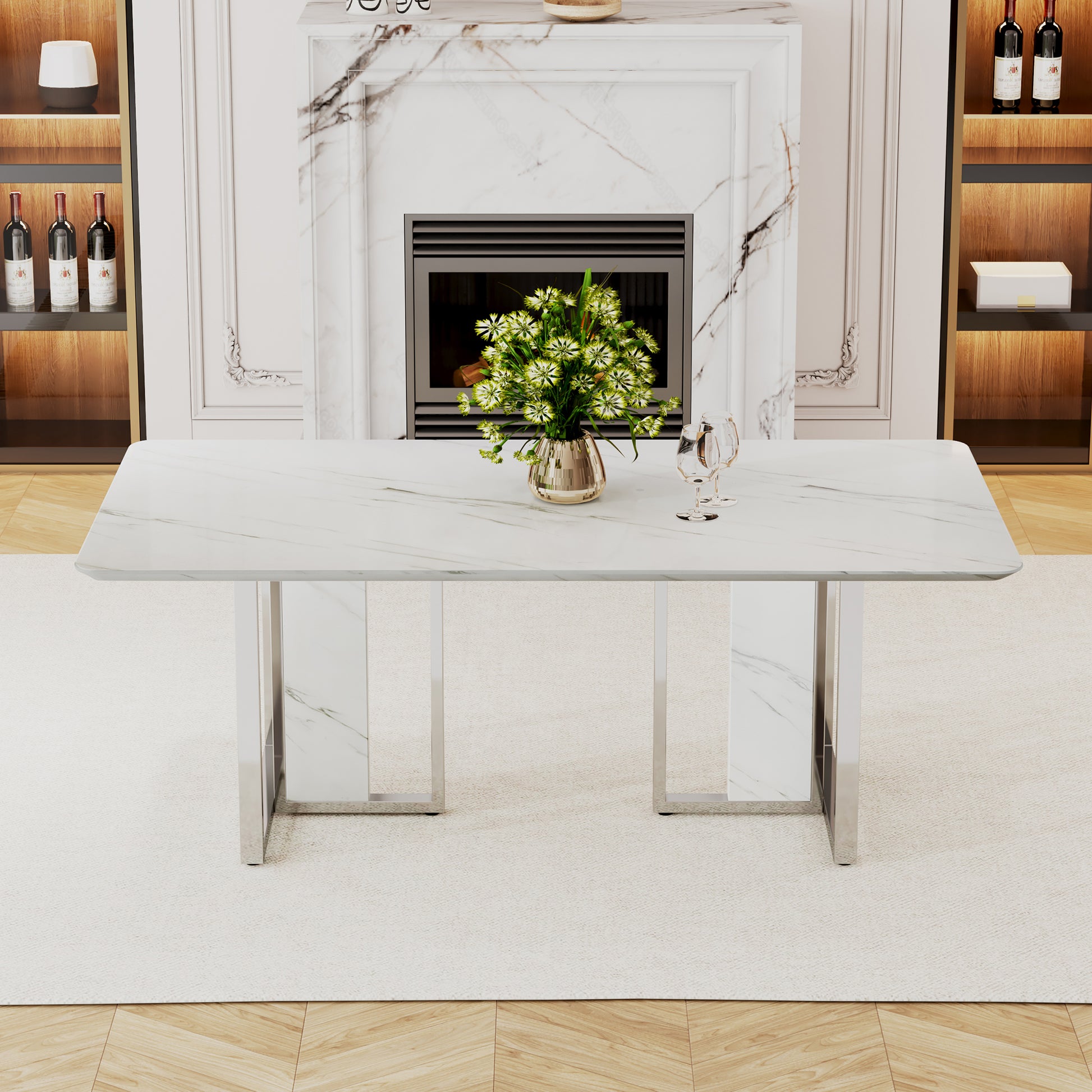 A Modern, Minimalist And Luxurious White Rectangular With A Patterned Dining Table. Mdf Table And Stainless Steel Frame. Game Table. Used For Restaurants And Living Rooms 78.7"*39.3"*30" White Mdf