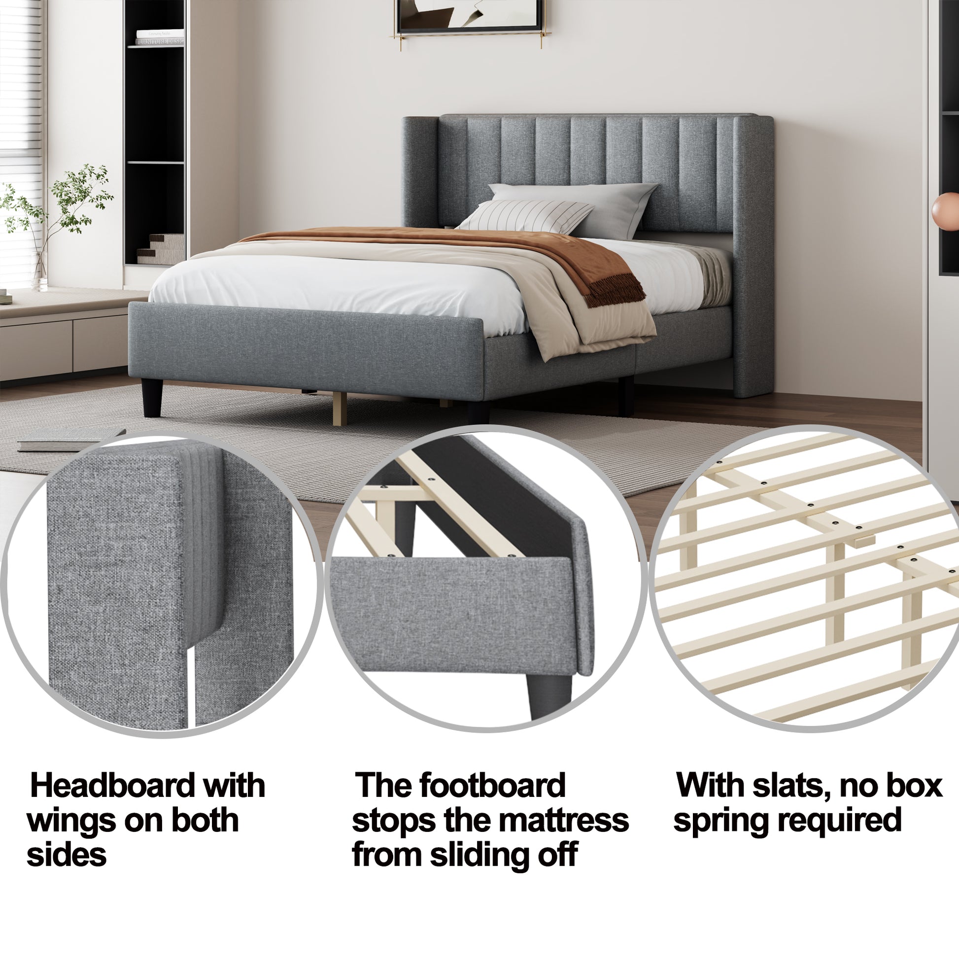 Queen Size Upholstered Platform Bed Frame With Headboard, Mattress Foundation, Wood Slat Support, Quiet, No Box Spring Needed, Easy To Assemble Light Grey Light Gray Wood