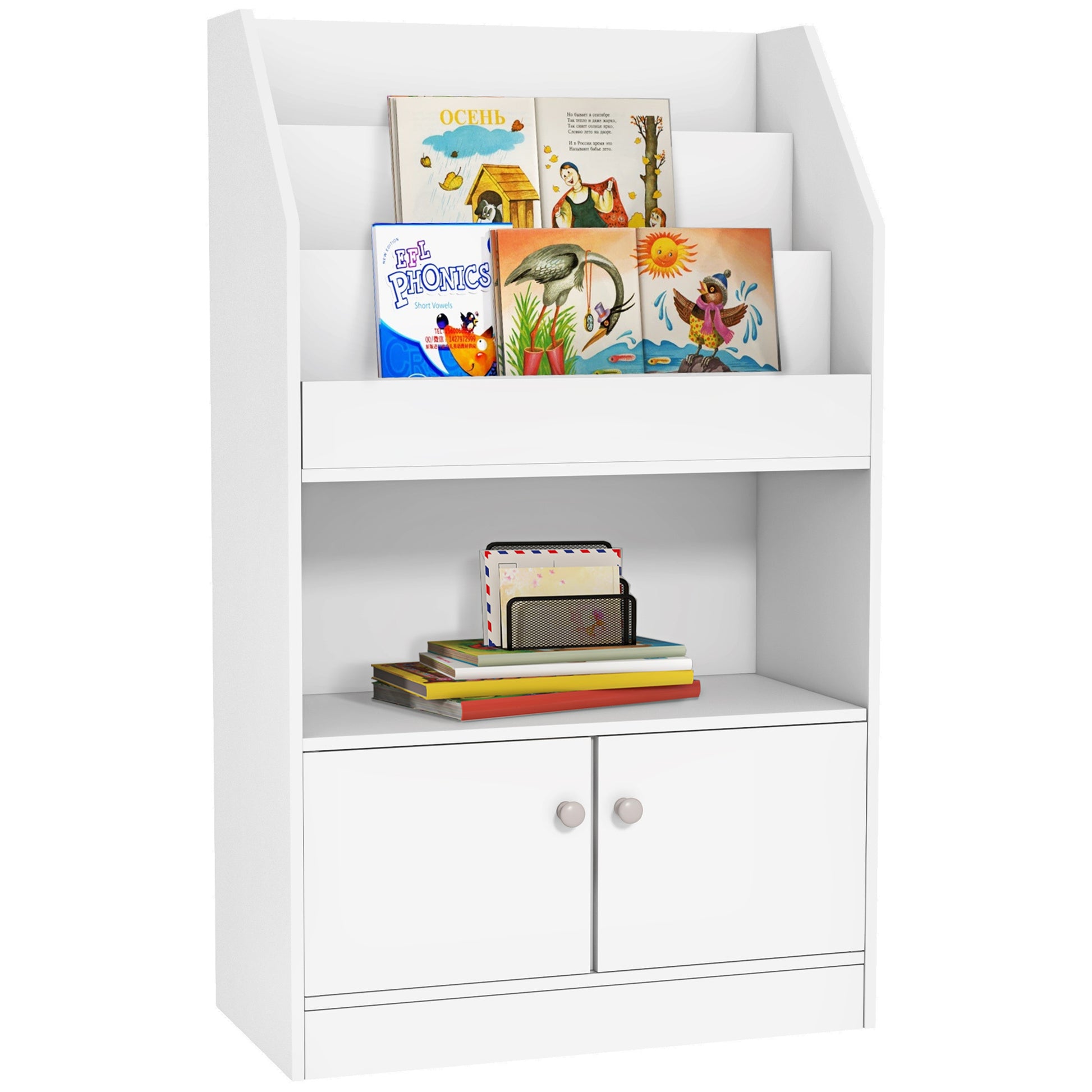 Qaba Toy Storage Cabinet, Kids Bookcase Children'S Bookshelf For Kids Room, Bedroom, Playroom, Nursery, White White Mdf