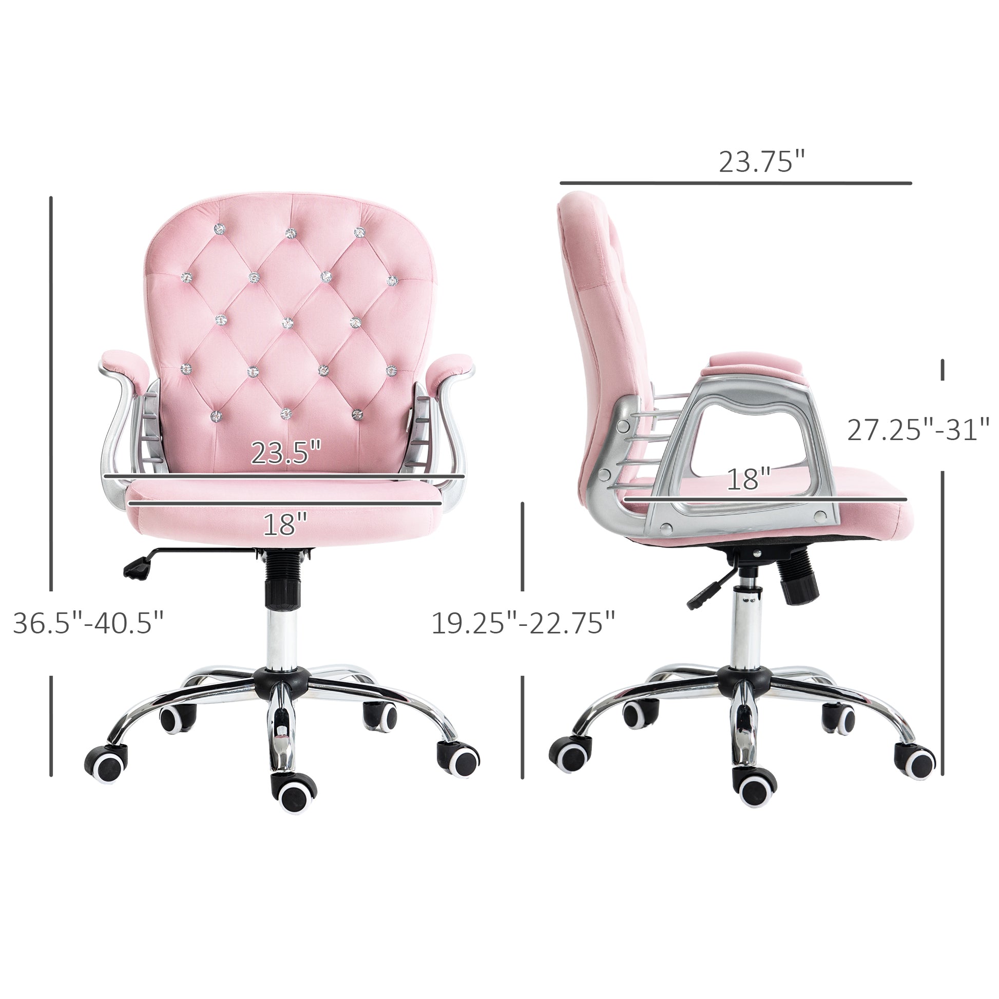 Vinsetto Velvet Home Office Chair, Button Tufted Desk Chair With Padded Armrests, Adjustable Height And Swivel Wheels, Pink Pink Polyester