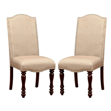 Set Of 2 Fabric Upholstered Dining Chairs In Antique Cherry And Beige Solid Cherry Dining Room Dining Chairs Solid Back Wood Fabric