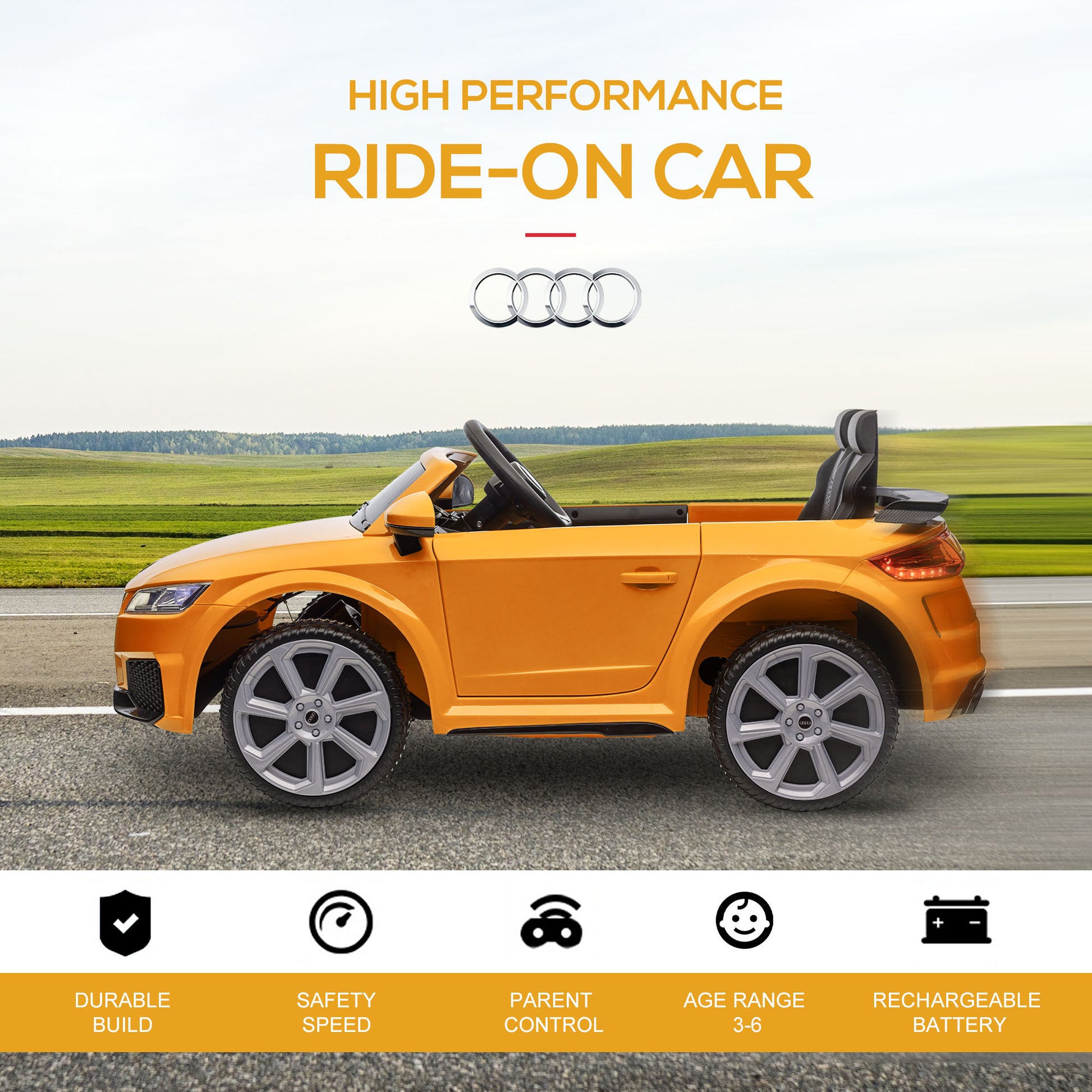 Aosom 6V Kids Electric Ride On Car, Licensed Audi Tt Rs With Suspension System And Remote Control, Horn, 5 Songs, Lights, Mp3 Player Yellow Yellow Steel