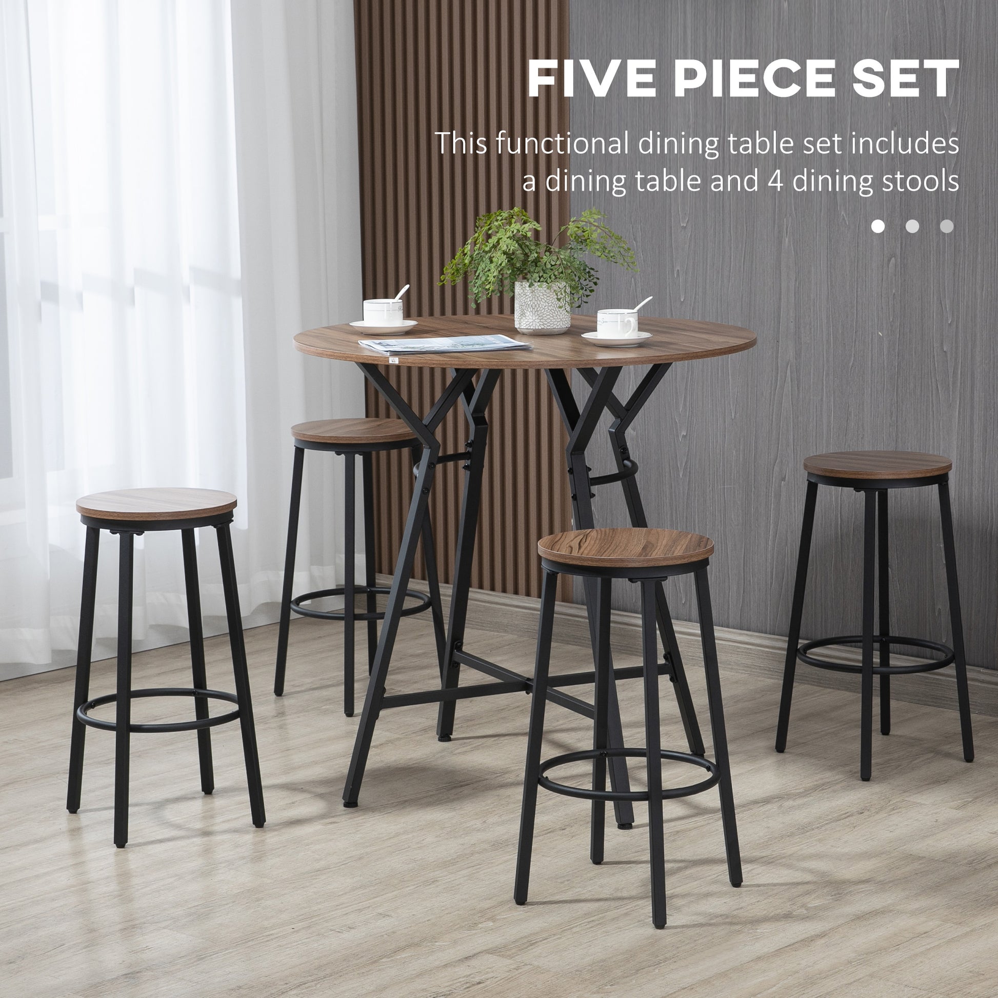 Homcom Industrial 5 Piece Bar Table And Chairs Set, Space Saving Dining Table With 4 Stools For Pub And Kitchen, Black & Brown Brown Particle Board