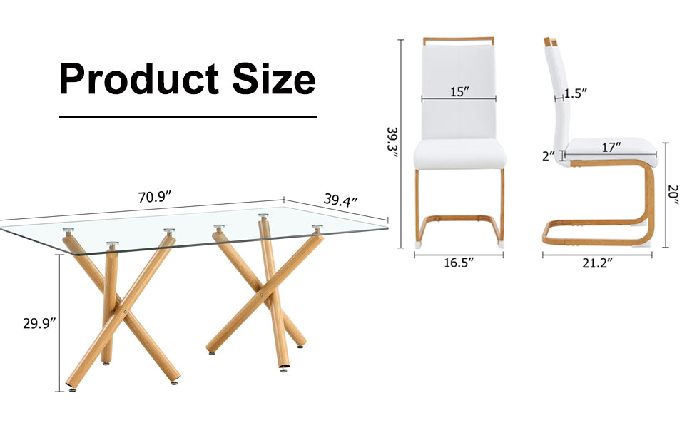 1 Table And 4 Chairs. Glass Dining Table With 0.39 "Tempered Glass Tabletop And Wooden Metal Legs. White Puleather High Backrest Soft Padded Side Chair With C Shaped Tube Chrome Metal Leg Transparent Glass