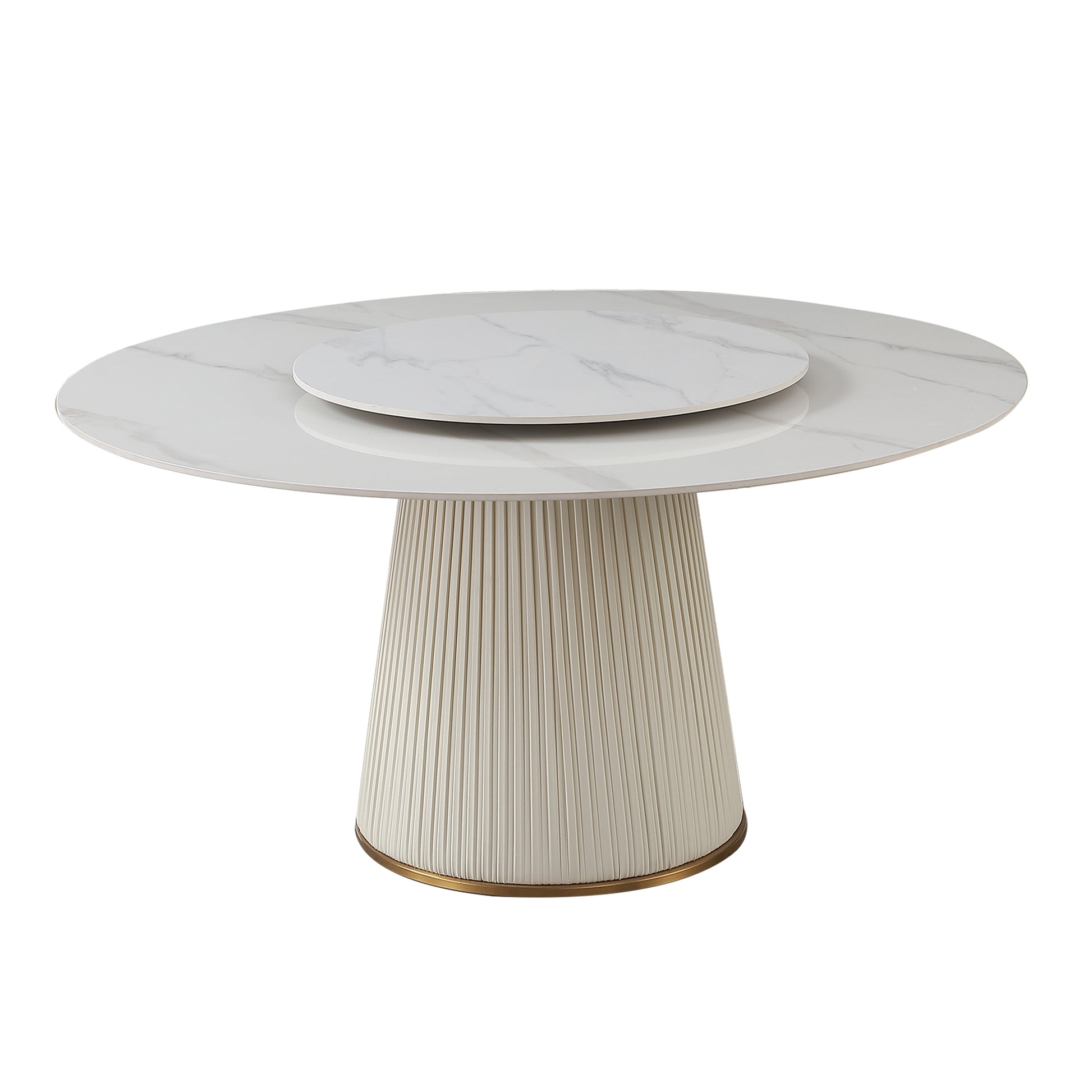 59"Modern Sintered Stone Dining Table With 31.5" Round Turntable With Wood And Metal Exquisite Pedestal With 6 Pcs Chairs . Metal White Seats 6 Dining Room American Design Round Dining Table With Chair Sintered Stone