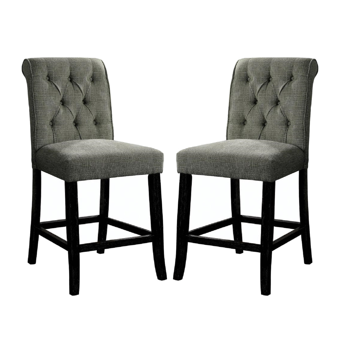 Set Of 2 Fabric Upholstered Dining Chairs In Antique Black And Gray Solid Antique Black Dining Room Wood Fabric