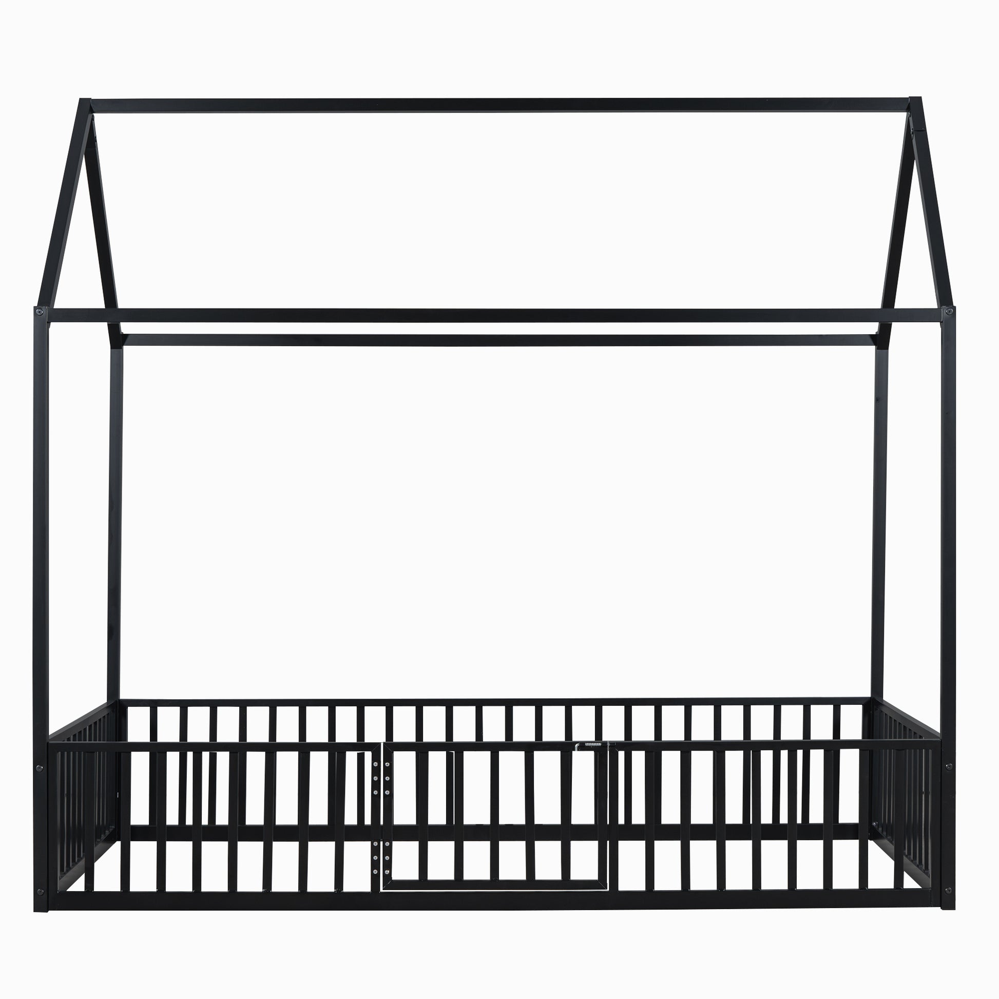 Twin Size Metal House Bed With Fence And Door, Black Black Metal