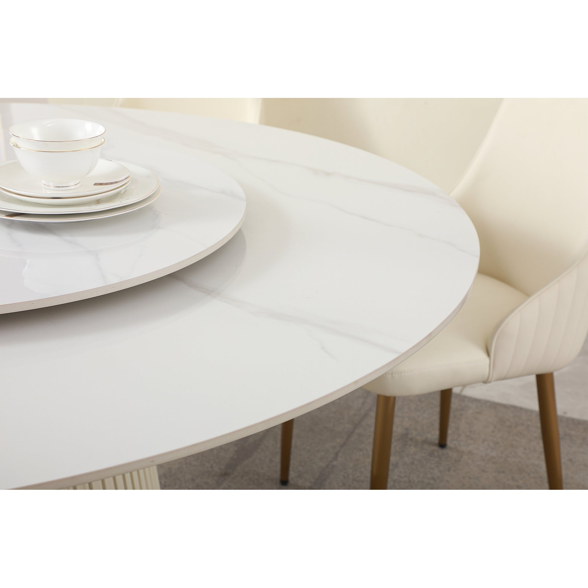 59"Modern Sintered Stone Dining Table With 31.5" Round Turntable For 8 Person With Wood And Metal Exquisite Pedestal White Sintered Stone