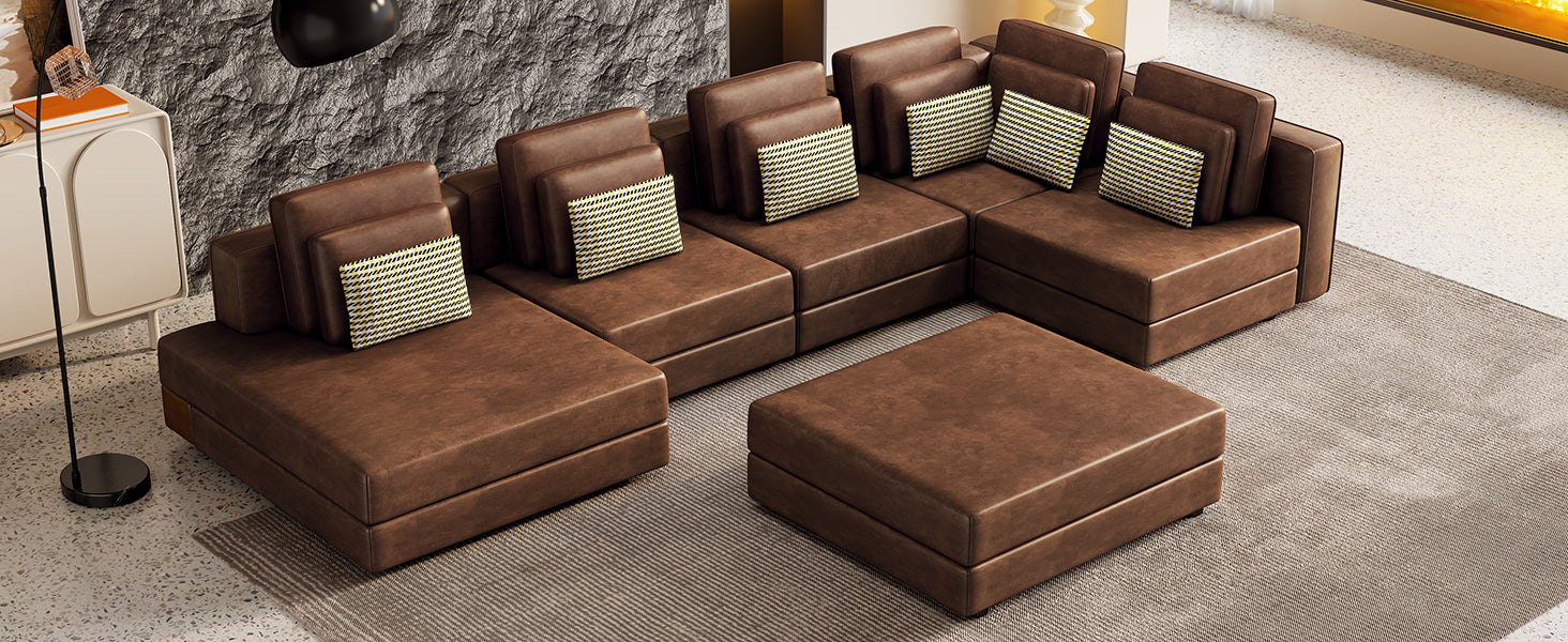 112.7" Modular Sectional Sofa Corner Sofa Chaise Lounge With Movable Ottoman For Living Room, Brown Brown Foam Palomino Fabric