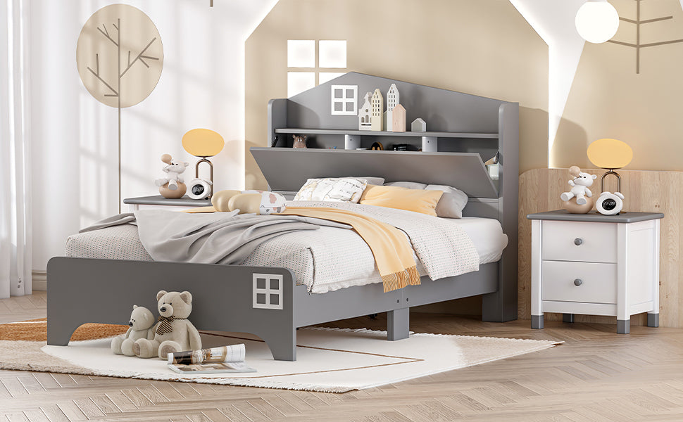 Wooden Twin Size House Bed With Storage Headboard ,Kids Bed With Storage Shelf,Grey Grey Wood