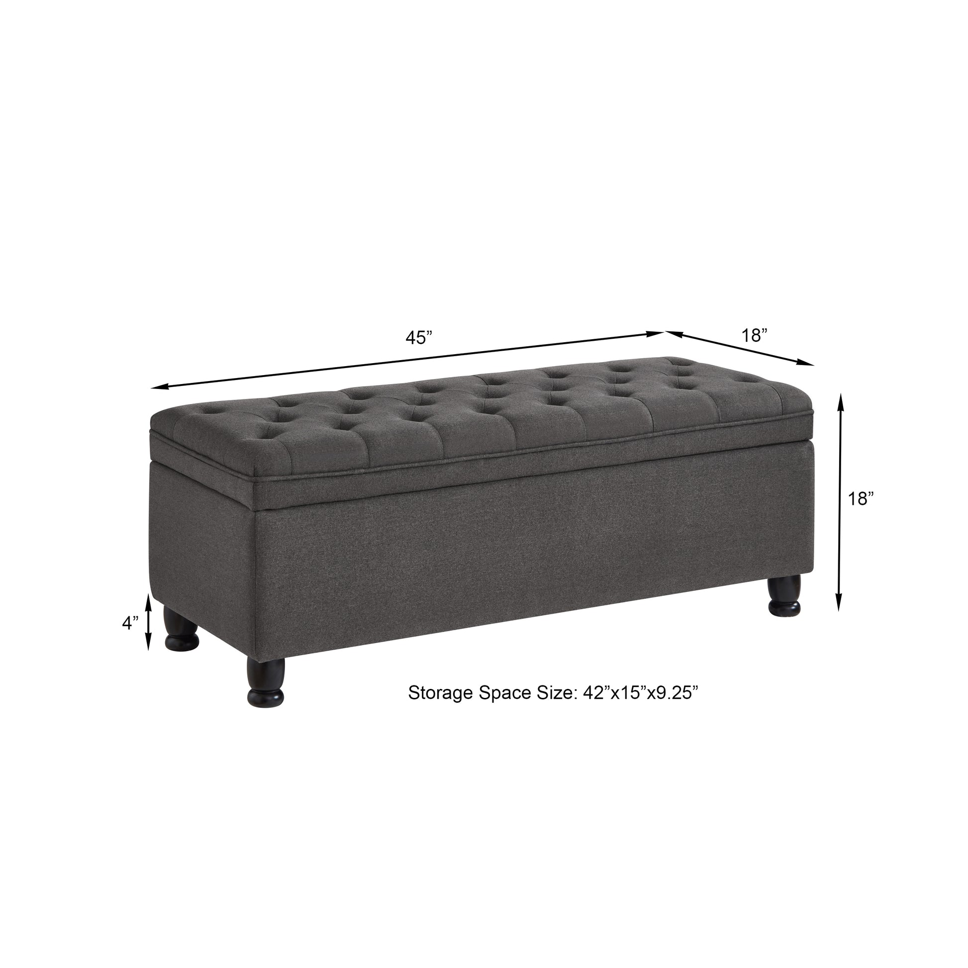 Upholstered Tufted Button Storage Bench ,Linen Fabric Entry Bench With Spindle Wooden Legs, Bed Bench Dark Gray Tufted Dark Gray Espresso Linen Or Linen Blend Primary Living Space Black American Design Rubberwood Wood Internal Storage Foam Linen