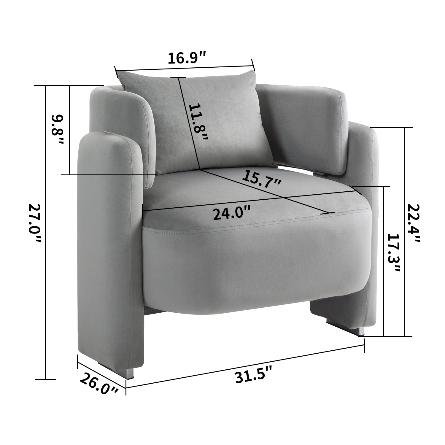 Modern Design Velvet Lounge Chair,Single Sofa With Pillows For Living Room,Bedroom Grey Grey Bedroom Modern Foam Velvet Velvet