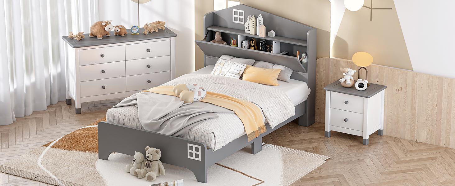 3 Pieces Bedroom Sets Twin Size House Bed With Storage Headboard, Wooden Nightstand And Storage Dresser,Gray Gray Wood