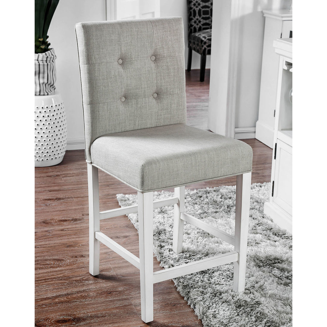 Set Of 2 Fabric Counter Height Chair In Antique White And Light Gray Antique White Dining Room Dining Chairs Wood Fabric