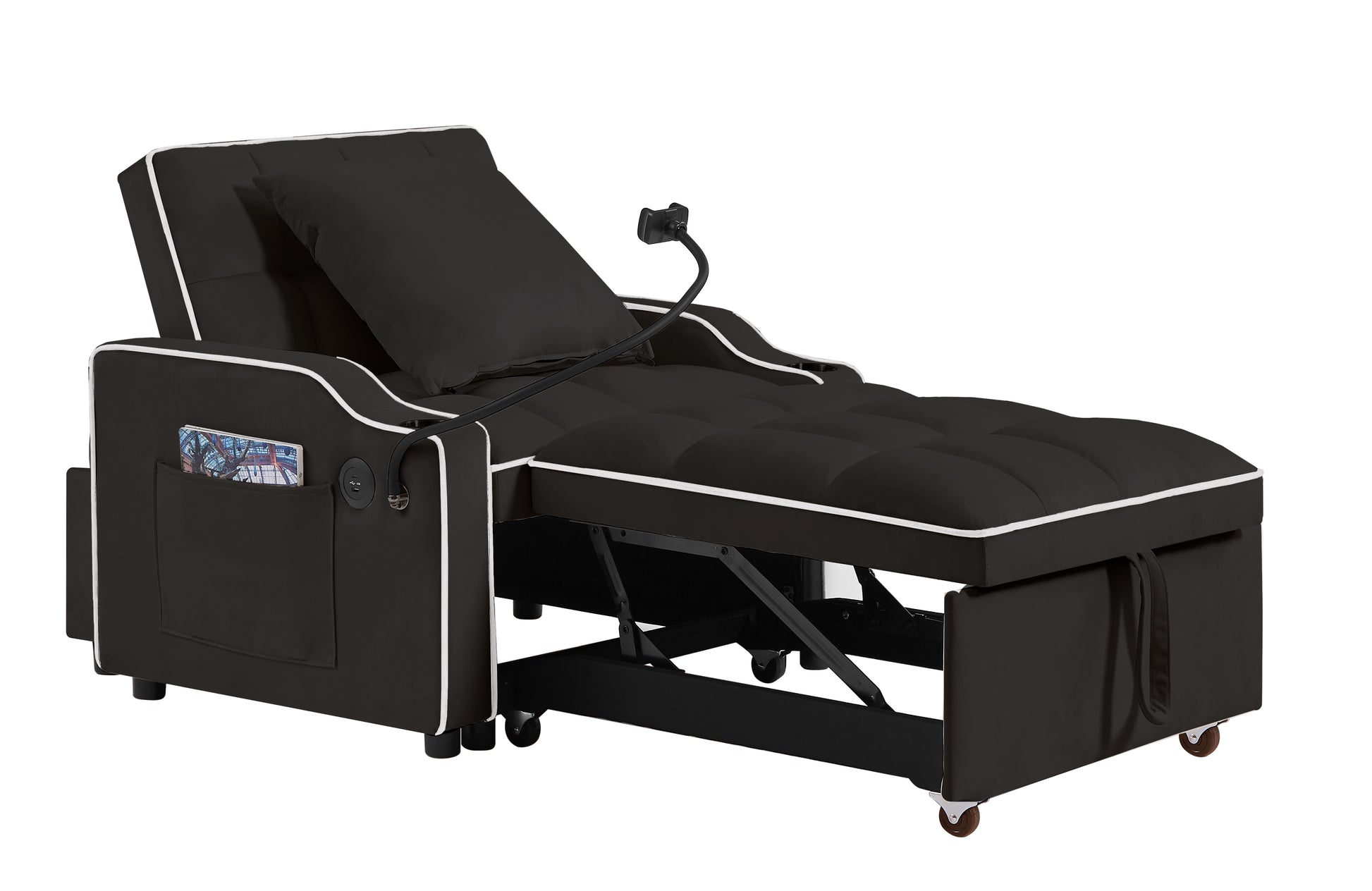 3 In 1 Sofa Bed, Convertible Sleeper Chair Sofa Bed Adjustable Pull Out Sleeper Chair Bed Multi Pockets Folding Sofa Bed For Living Room Bedroom Small Space Black Black Velvet 1 Seat