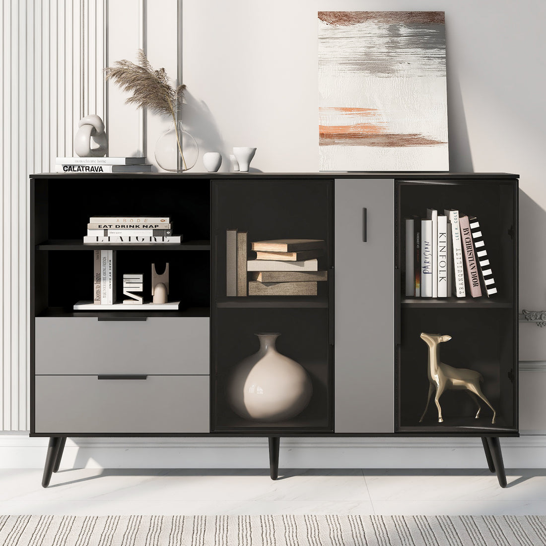 Featured Two Door Storage Cabinet With Two Drawers And Metal Handles, Suitable For Corridors, Entrances, Living Rooms. Black Gray Mdf